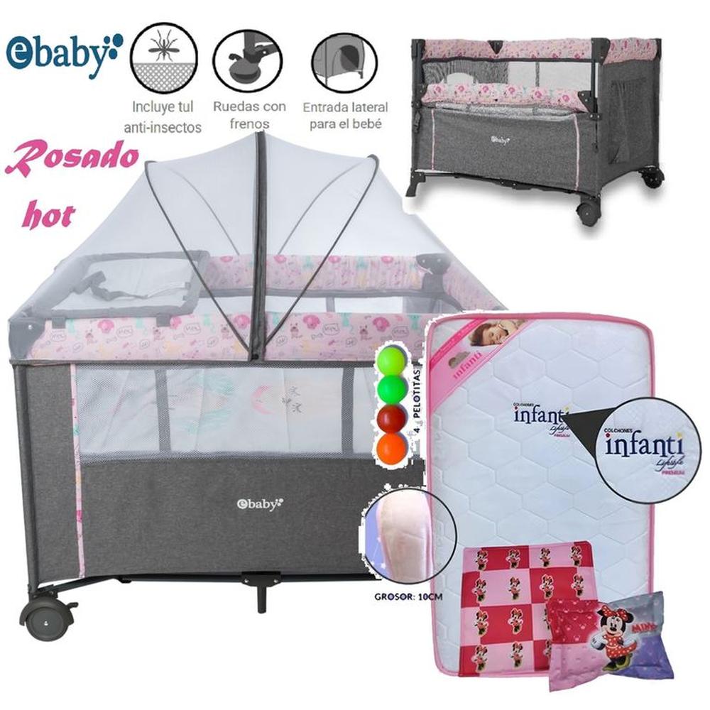 Cuna corral NALA Rosado y Colchón Rosado