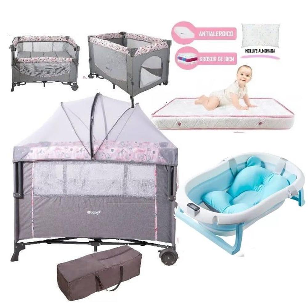 Cuna corral NALA Rosado y Colchón Rosado+ Tina Celeste