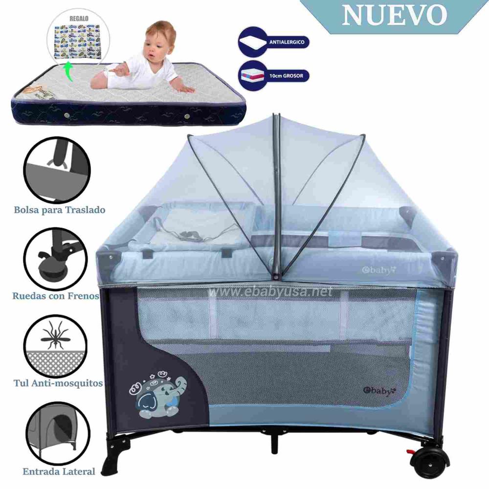 Cuna Corral Ebaby con Cambiador Happy Dream Celeste-Colchón