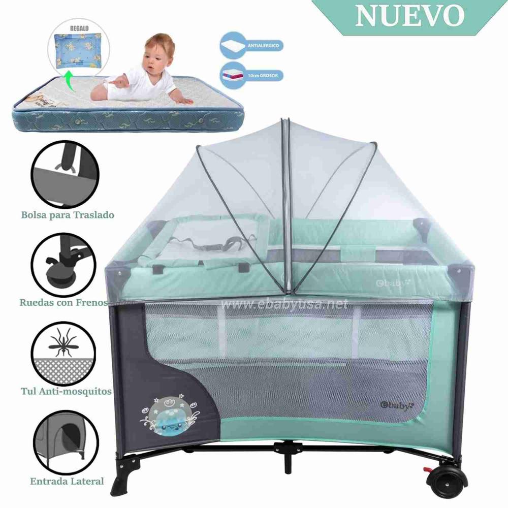 Cuna Corral Ebaby con Cambiador Happy Dream Verde-Colchón