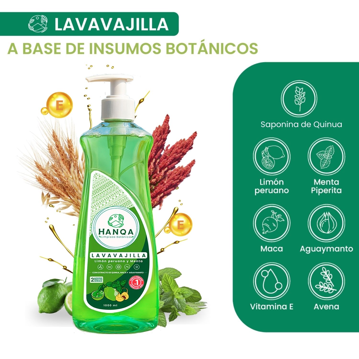 Lavavajilla Líquido HANQA Limón Peruano y Menta Botella 1L