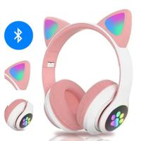 Audífono bluetooth gato con luz led Rosado