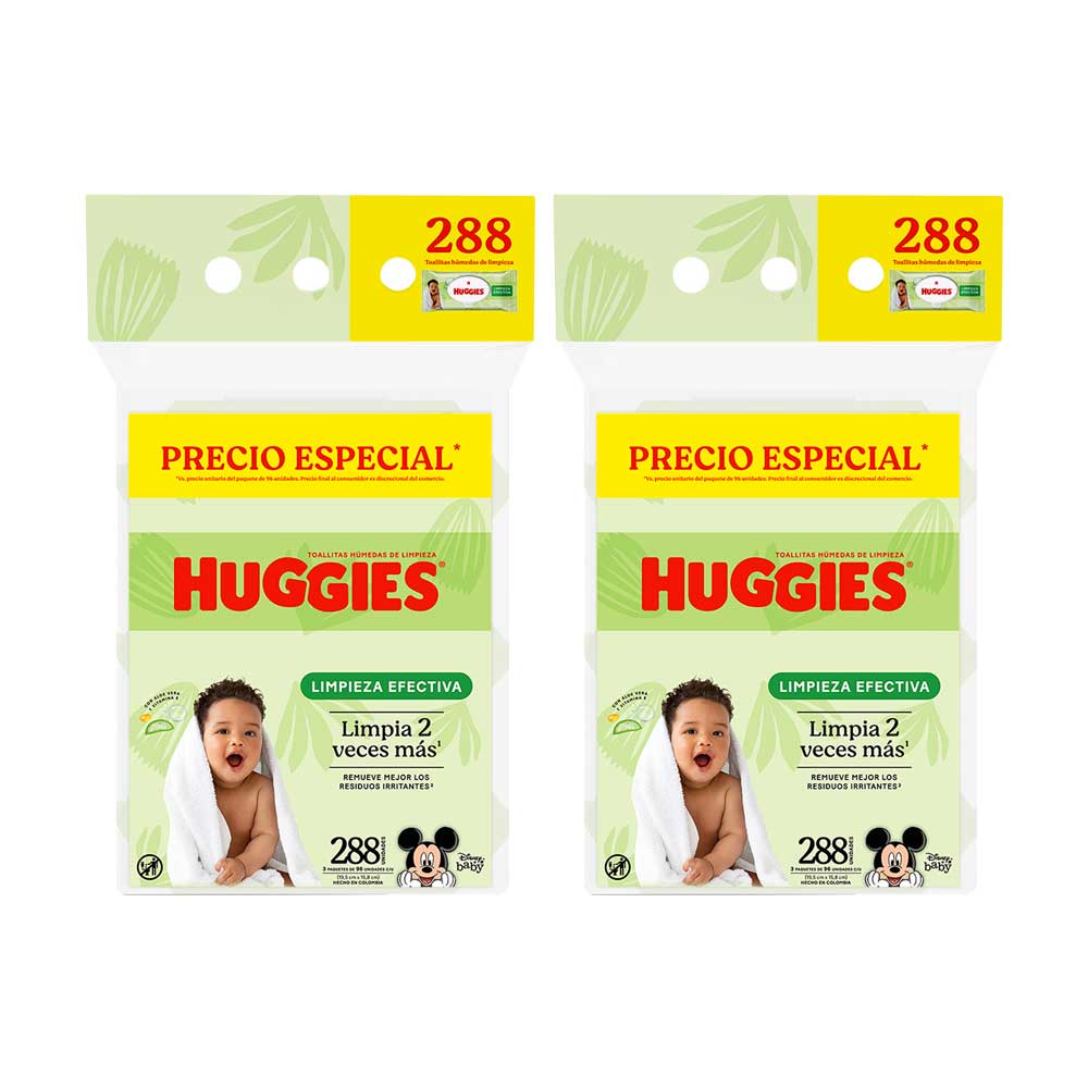 Pack Toallas Húmedas HUGGIES Limpieza Efectiva Bolsa 288un x 2un