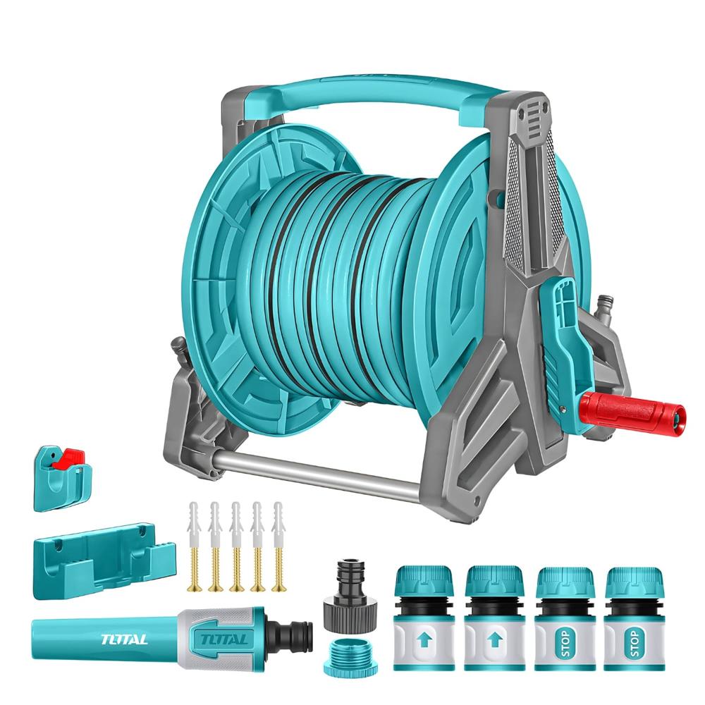Carrete con manguera 20m incluye conectores Total THHR20124
