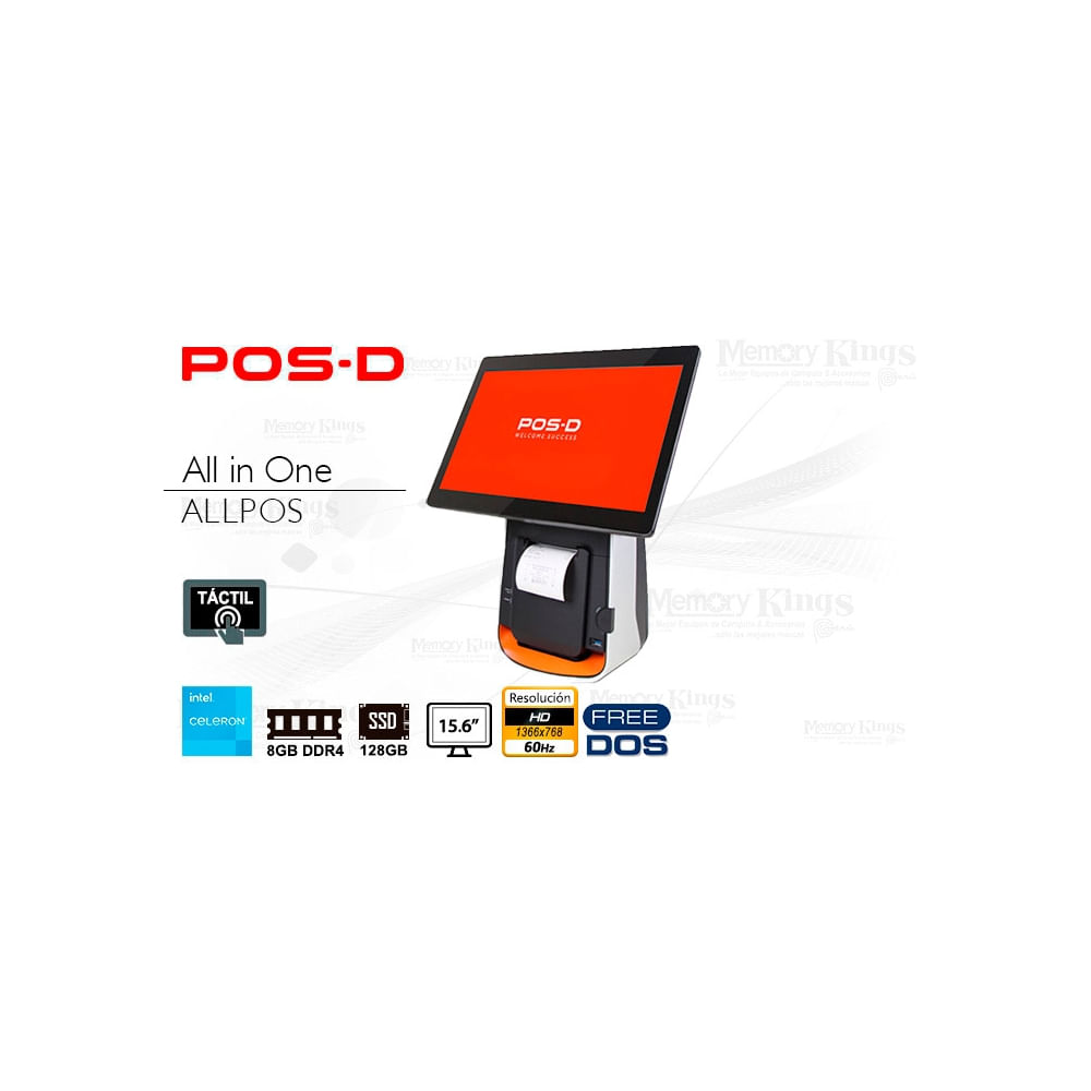All in One POS-D 15.6” táctil, Intel Celeron J6412, 8GB RAM, 128GB SSD, impresora térmica integrada