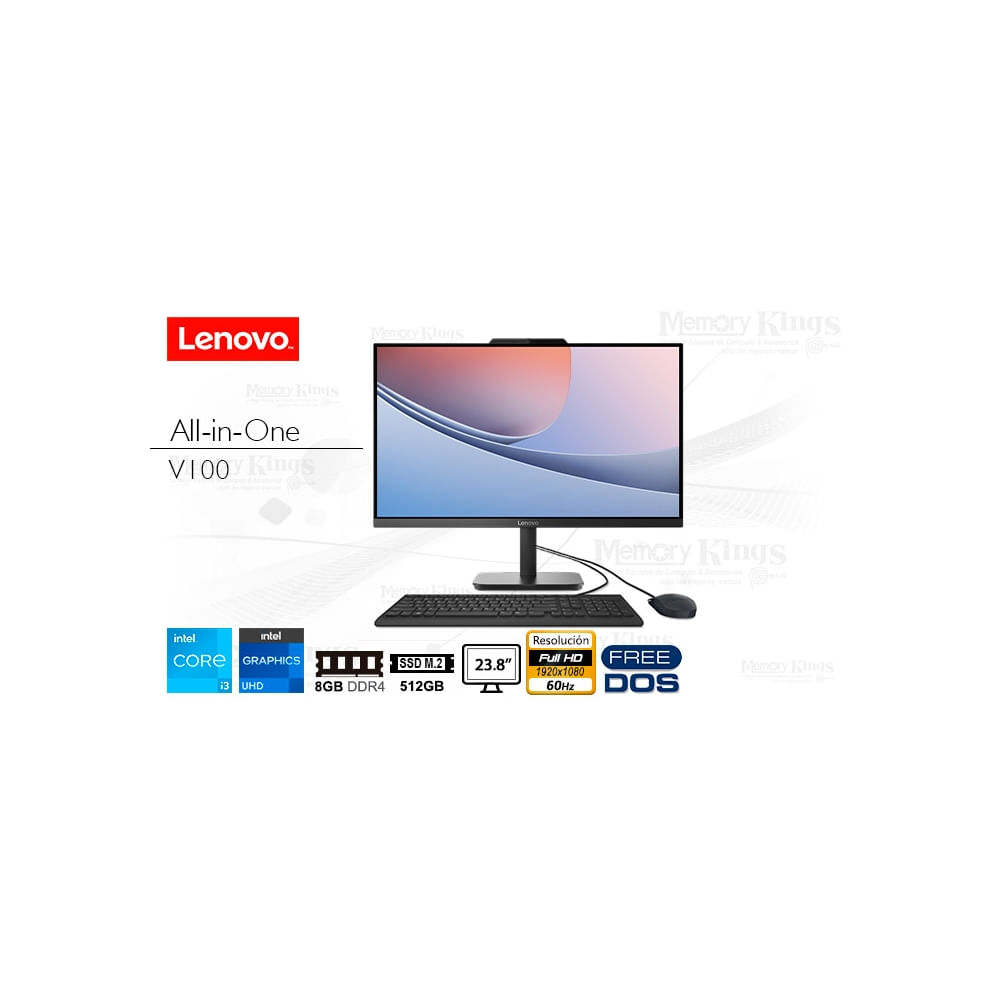 Lenovo V100 All-in-One 23.8"" FHD IPS, Core i3 N305 3.8GHz, 8GB RAM para un rendimiento superior