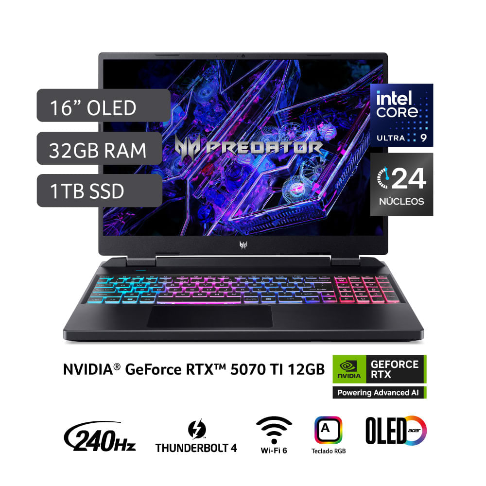 Laptop Gamer Acer Predator Intel® Core™ Ultra 9 processor 275HX 32GB RAM 1TB SSD RTX5070ti 16"" OLED