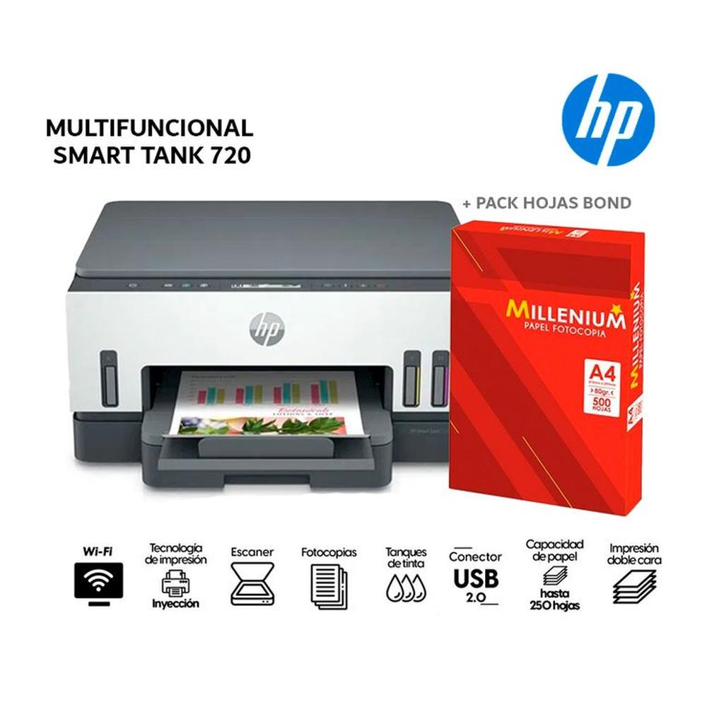 Impresora HP multifuncional Smart Tank 720 + Resma de papel bond A4