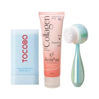 Cepillo Facial + Bloqueador Tocobo + Exfoliante Facial.