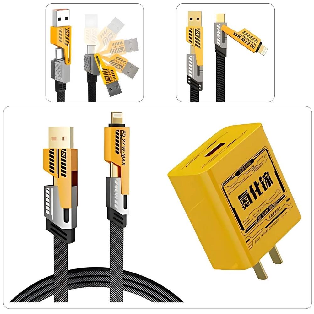 Cargador Carga Rápida de 120W + Cable 4 en 1 USB + Tipo C +Lightning