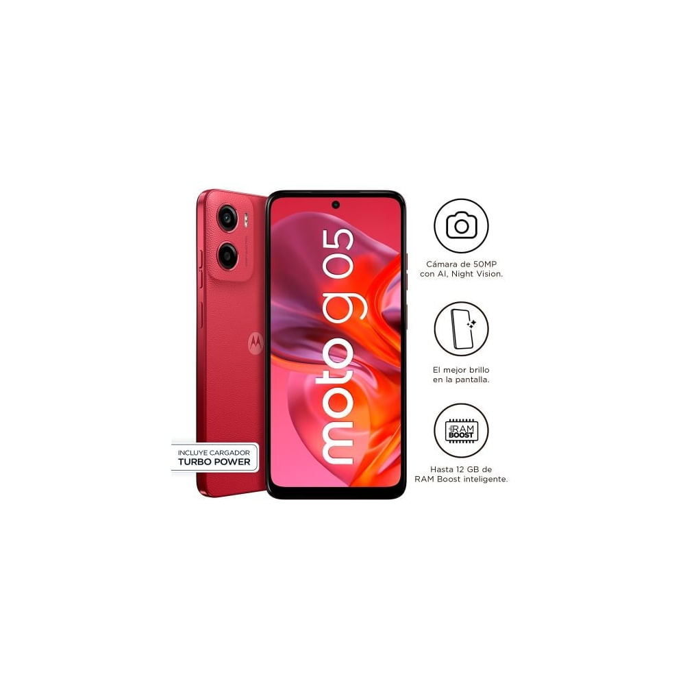 Motorola G05 smartphone Android 128 GB en rojo, pantalla táctil y alta capacidad de almacenamiento