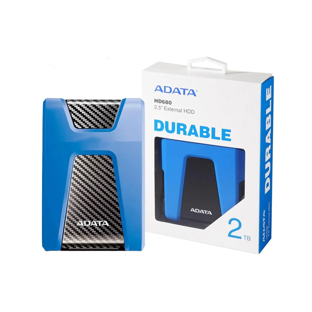 Disco duro externo ADATA HD650 de 2TB en color azul, con conectividad USB para almacenamiento segur