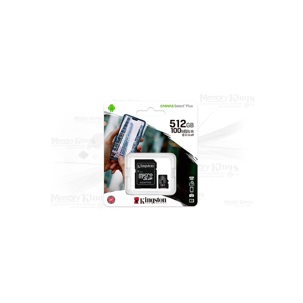 Tarjeta microSDXC Kingston Canvas Select Plus 512GB - 100MB/s Leer, UHS-I U3, Alta Velocidad