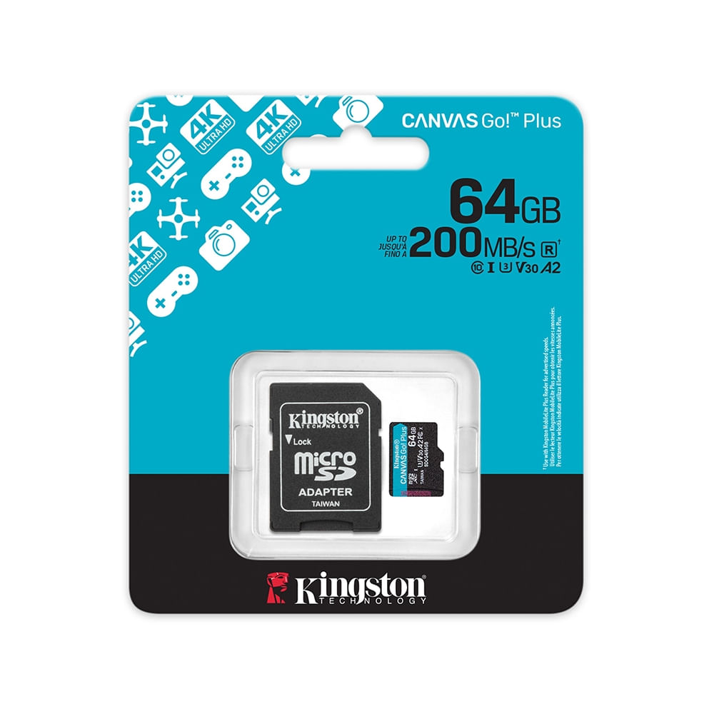 Tarjeta microSDXC Kingston Canvas Go! Plus 64GB UHS-I U3 200MB/s - Velocidad V30, Garantía de por v