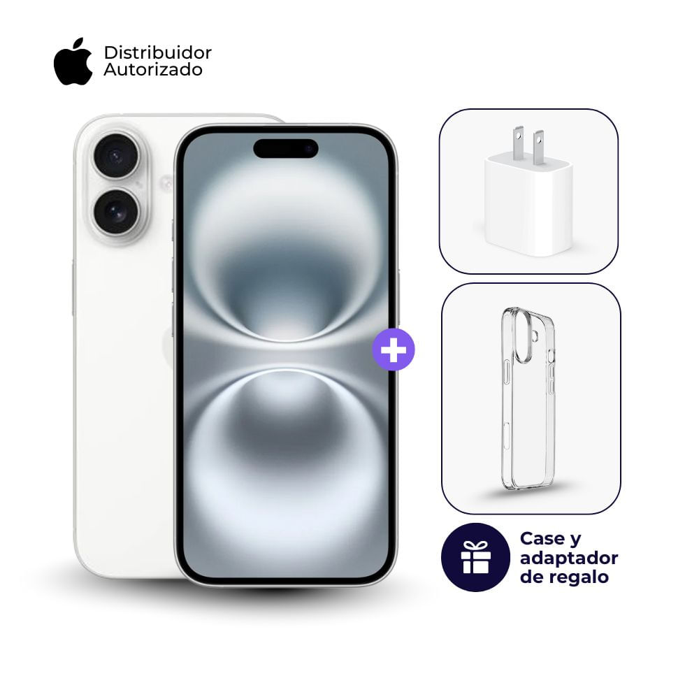 Celular iPhone 16 128GB Color Blanco + Cargador Apple iPhone Tipo C de 20W + Case