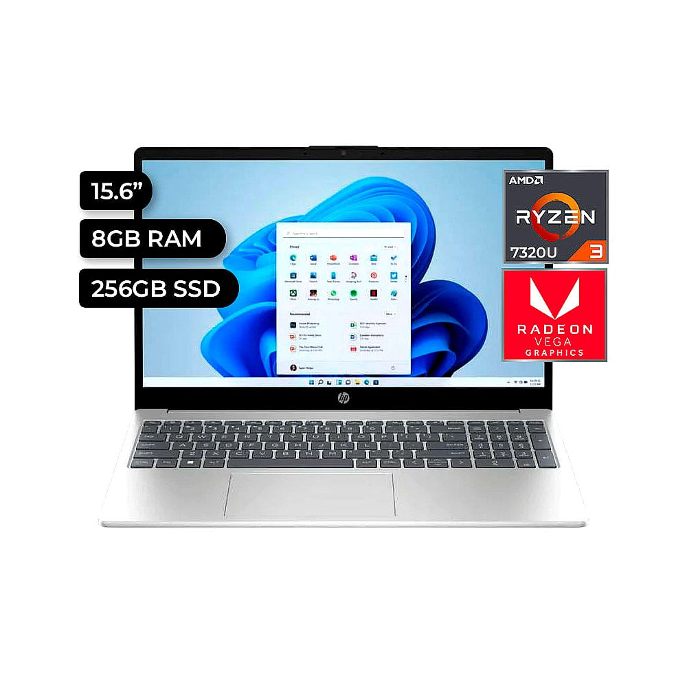 Portátil HP 15.6"" Full HD - AMD Ryzen 3, 8GB RAM, 256GB SSD, Color Plata, Conexión Wi-Fi 6