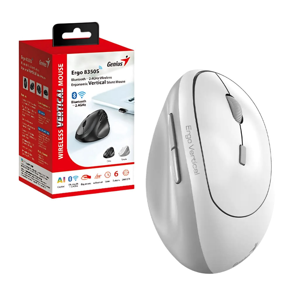 Mouse Ergonomico Vertical Genius Bluetooth 5.3 + receptor USB 2.4 GHz 8350S Blanco