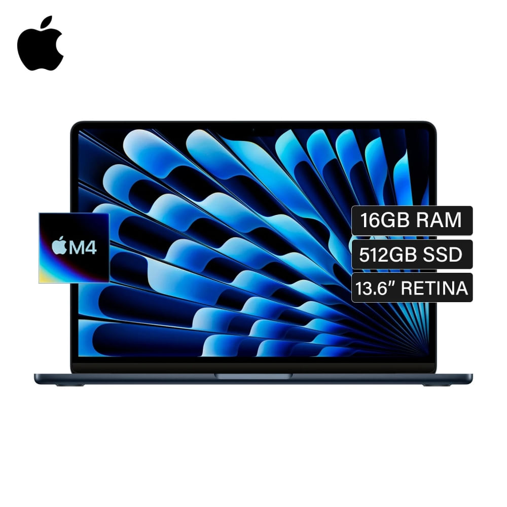 Apple MacBook Air 13.6"" M4, 16GB RAM, 512GB SSD, Media Noche, Liquid Retina, 18h batería, Wi-Fi 6