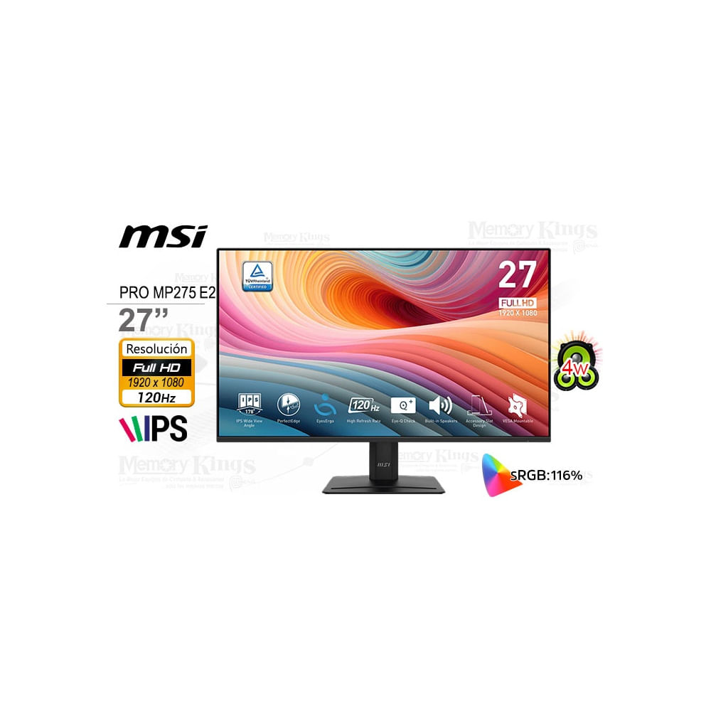 Monitor MSI Pro MP275 E2 de 27"" FHD, IPS, 120Hz, 1ms - Experiencia de juego fluida en negro