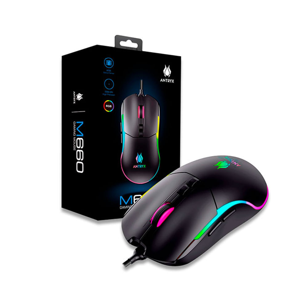 Mouse gaming Antryx M660 RGB, alta precisión 7200 dpi, retroiluminación personalizable y diseño erg