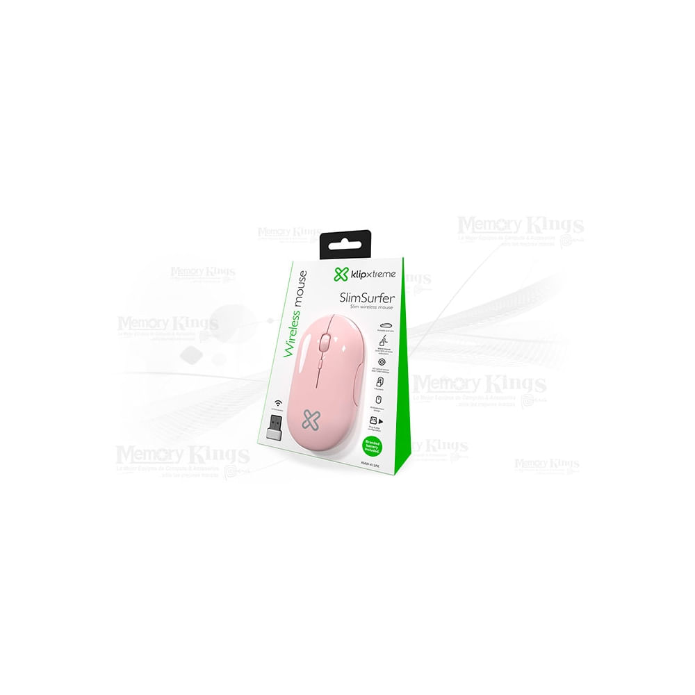 Mouse inalámbrico Klip Xtreme rosa ultradelgado 2.4 GHz - diseño elegante y compacto para comodidad