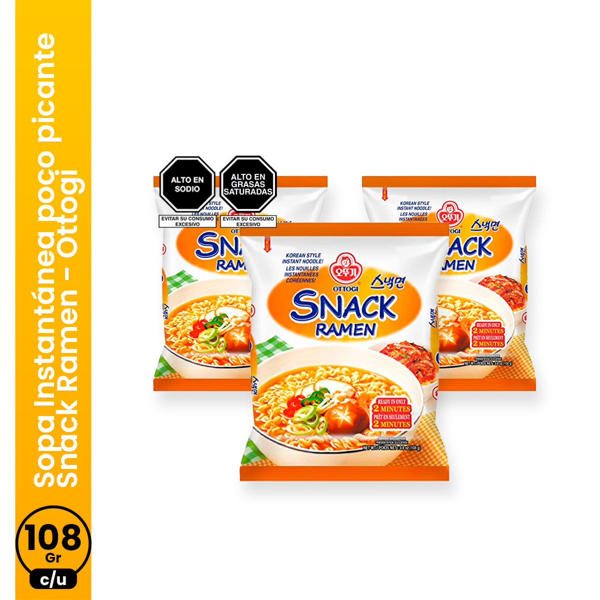 Sopa Instantánea poco picante Snack Ramen 108gr Ottogi 3 und