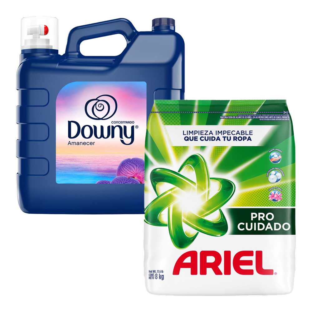 Pack Detergente en Polvo ARIEL Bolsa 8Kg + Suavizante DOWNY Amanecer Botella 8L