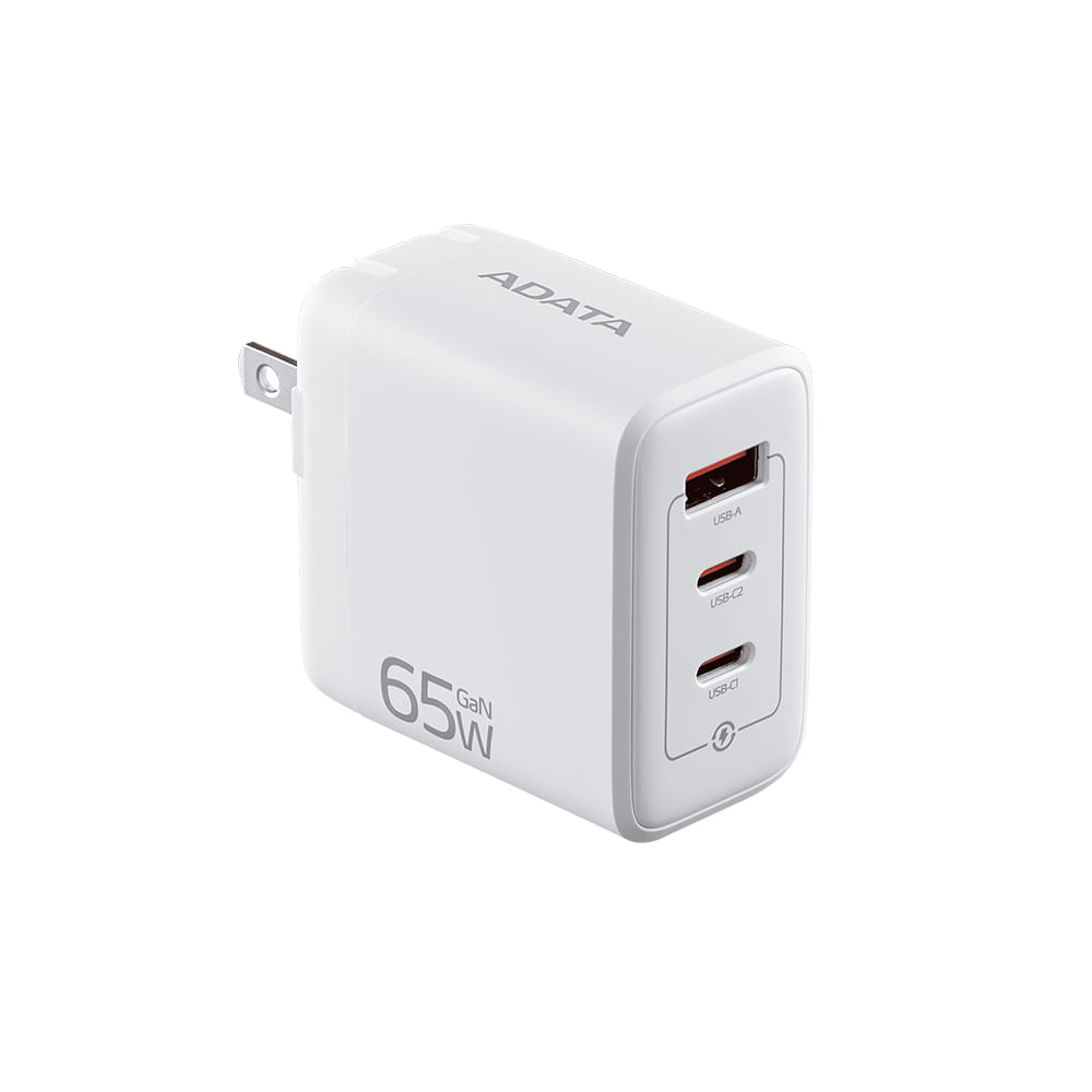 Cargador USB de pared ADATA 65W, compacto y potente, ideal para carga rápida en blanco