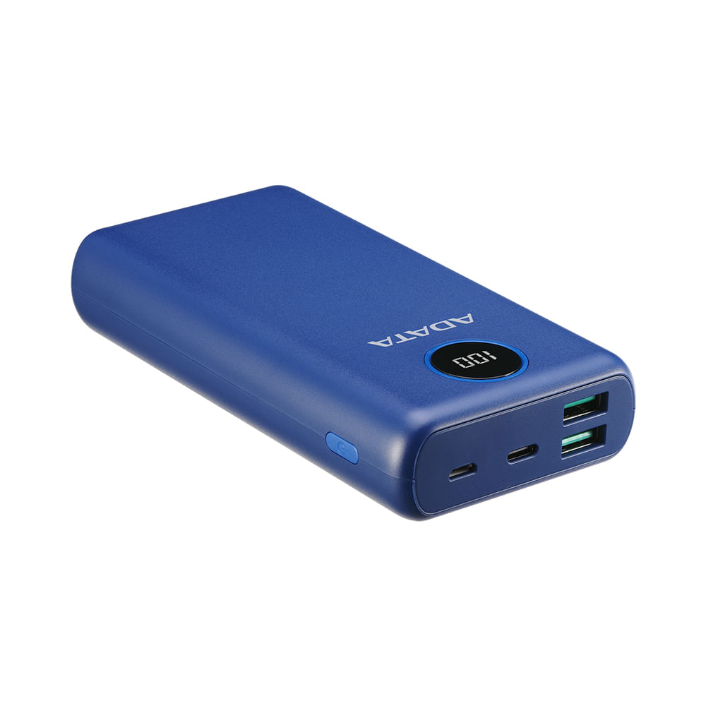 Cargador portátil ADATA P20000QCD 20000 mAh, azul, ultra rápido y compacto para tus dispositivos.