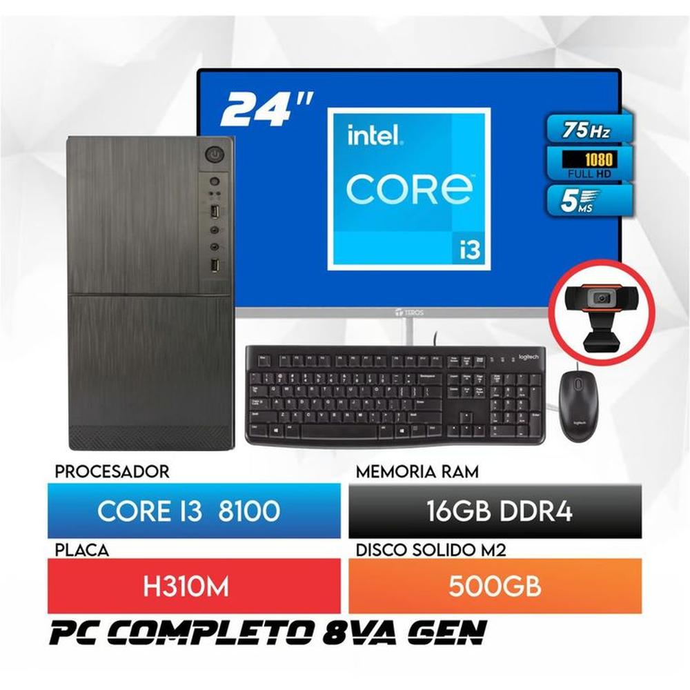 Computadora PC Intel Core i3 8100 RAM 16GB SSD 500GB Monitor 24 FHD webcam