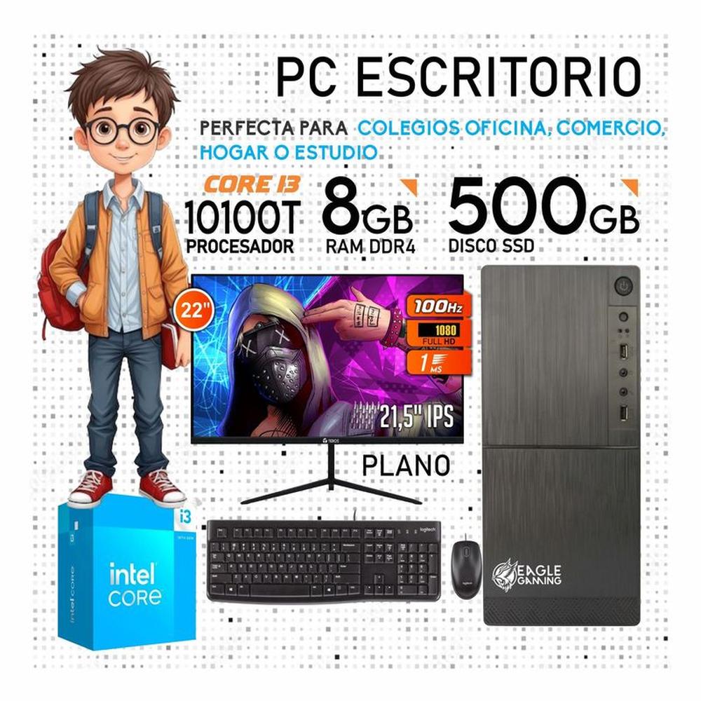 PC COMPUTADORA INTEL CORE I3 10100T 10GEN RAM 8GB SSD 500GB MONITOR 21,5”