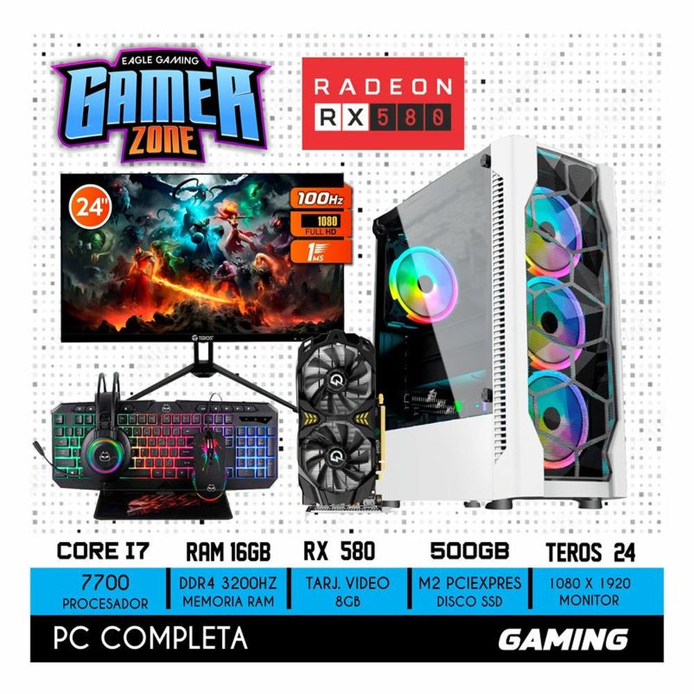 Computadora PC GAMER Core I7 7700 Ram 16GB + SSD 500GB + RX 580 8GB + MONITOR 24
