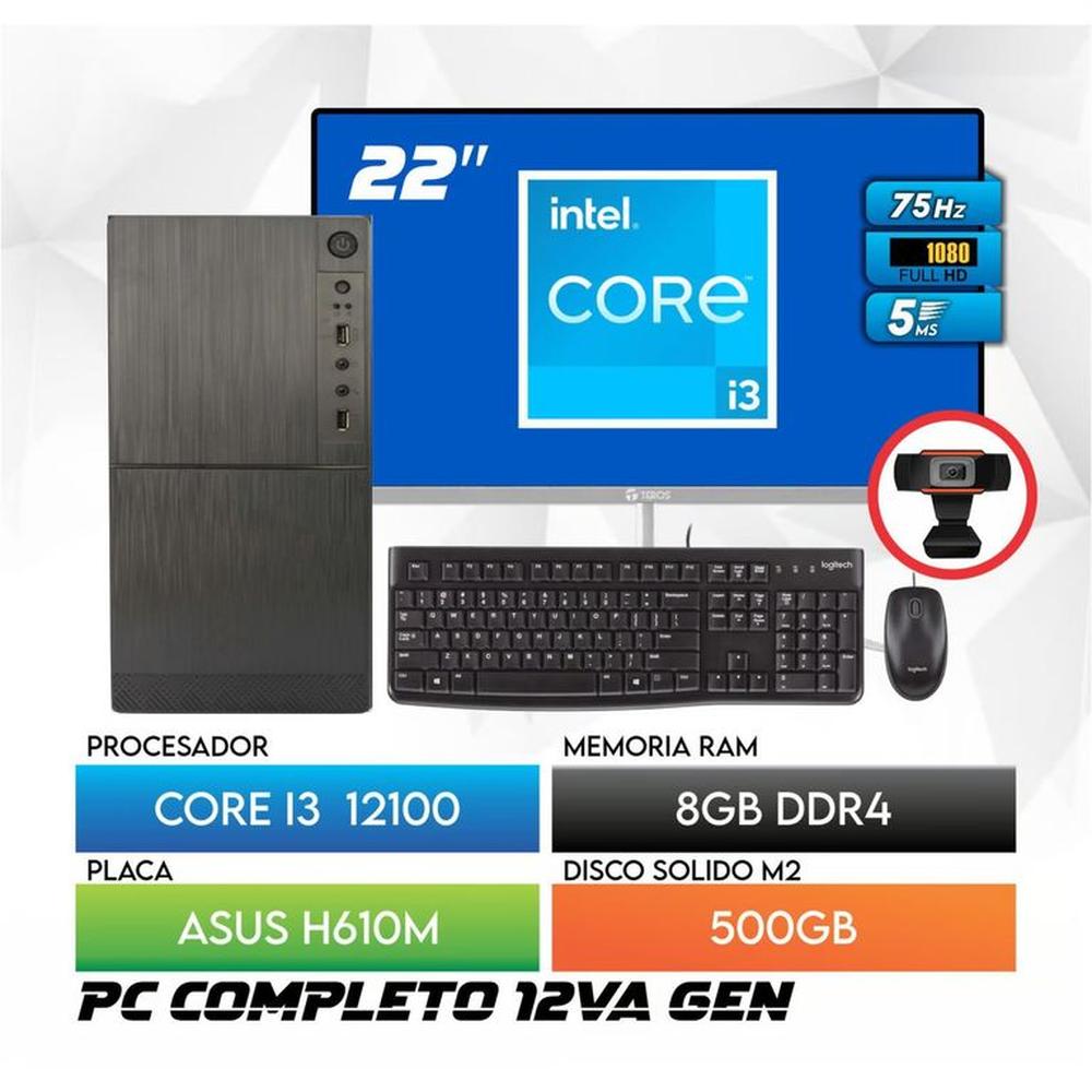 Computadora PC Intel Core i3 12100 RAM 8GB SSD 500GB Monitor 22 FHD webcam