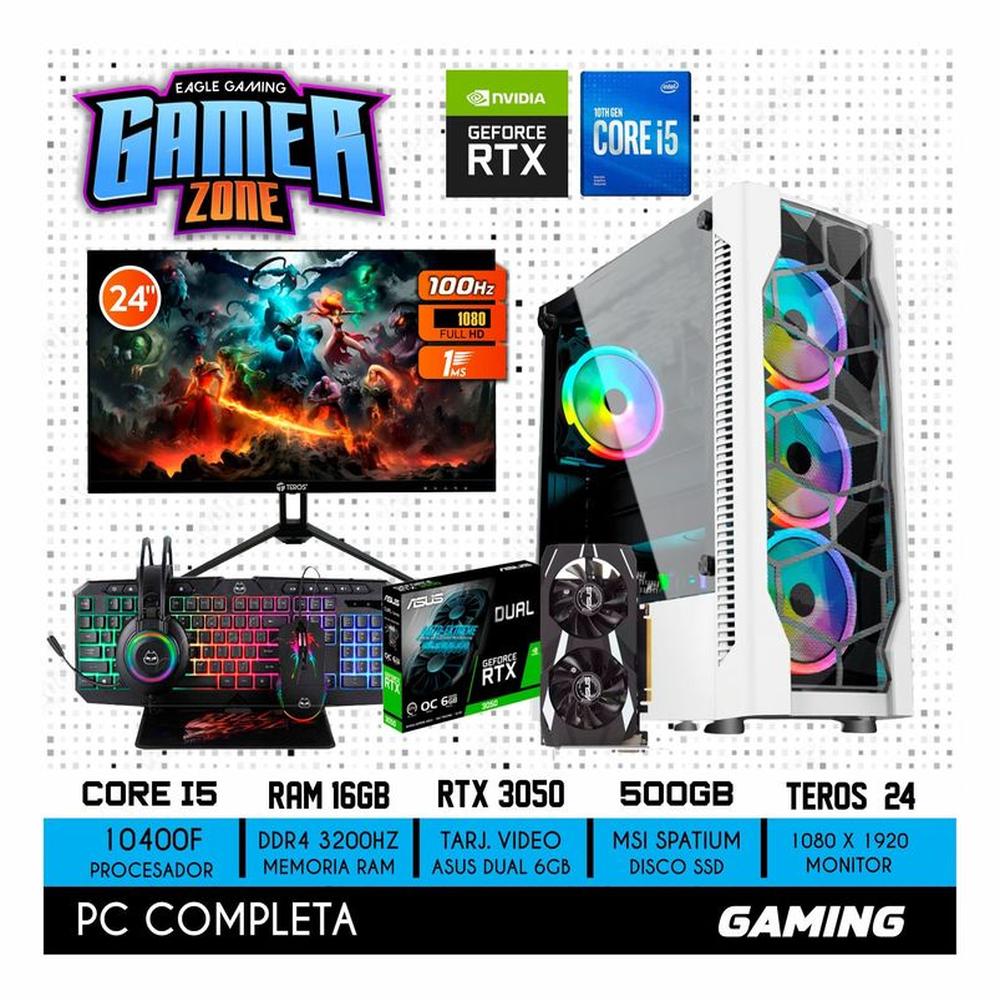 COMPUTADORA PC GAMER INTEL CORE I5 10400F 16GB 500GB RTX 3050 6GB MONITOR 24 FHD