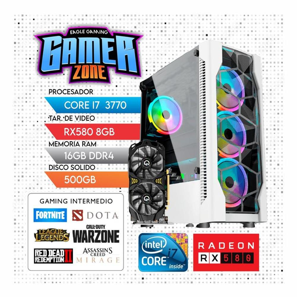 PC GAMER CORE I7 3770 RX580 8GB SSD 500GB 16GB RAM CASE WHITE BLANCO RGB
