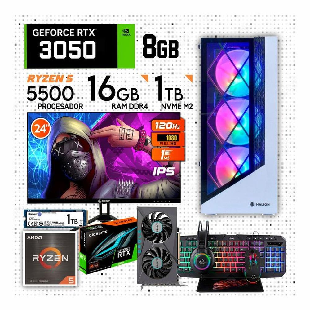 PC GAMER AMD RYZEN 5 5500 RTX 3050 8GB MONITOR 24"" 120HZ RAM 16GB SSD 1TB M.2