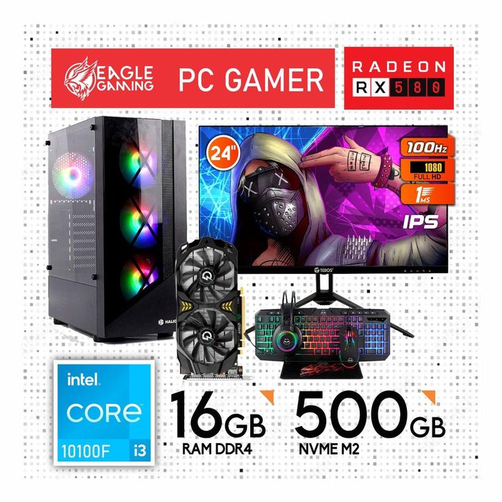 CPU GAMER INTEL CORE I3 10100F 10GEN + RX580 8GB +16GB RAM + MONITOR 24