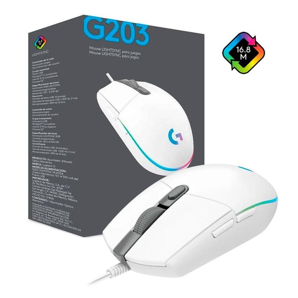 Mouse Logitech G203 BLANCO RGB LIGHTSYNC Con 6 Botones Para Juegos