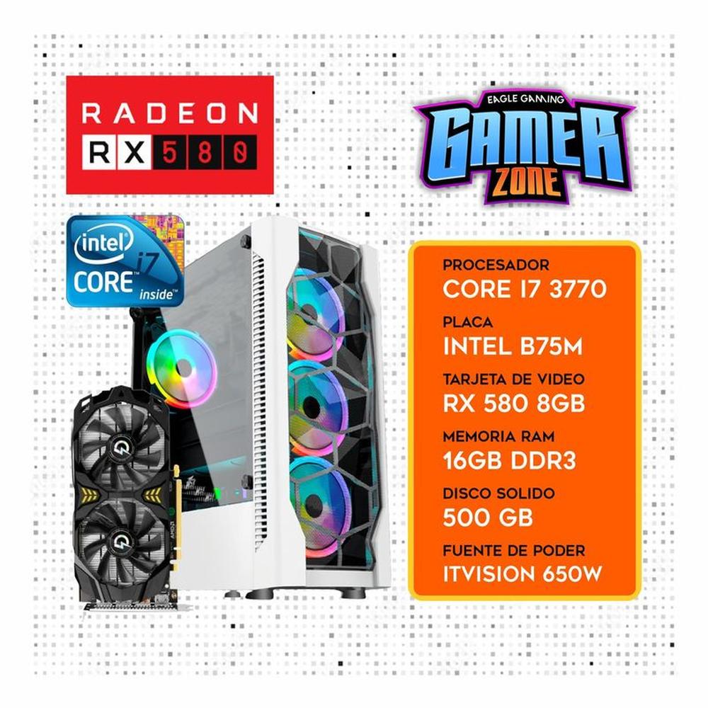 PC GAMER Core I7 3770 + 16GB RAM + SSD 500GB + RX 580 8GB + CASE RGB