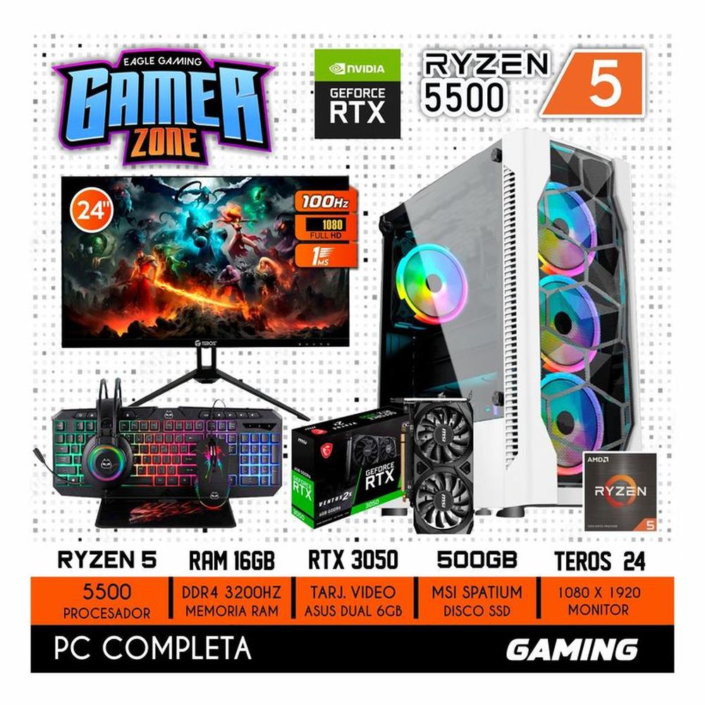 COMPUTADORA PC GAMER AMD RYZEN 5 5500 16GB 500GB RTX 3050 6GB MONITOR 24 FULL HD