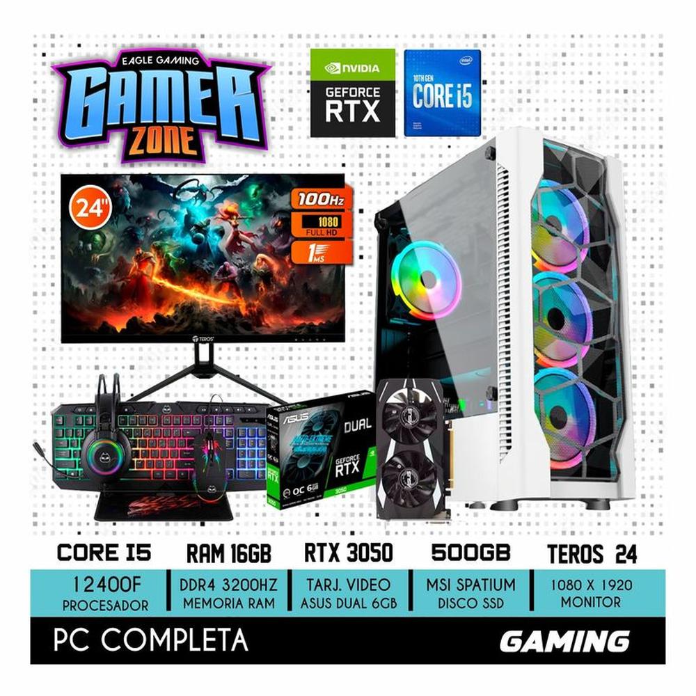 COMPUTADORA PC GAMER INTEL CORE I5 12400F 16GB 500GB RTX 3050 6GB MONITOR 24 FHD