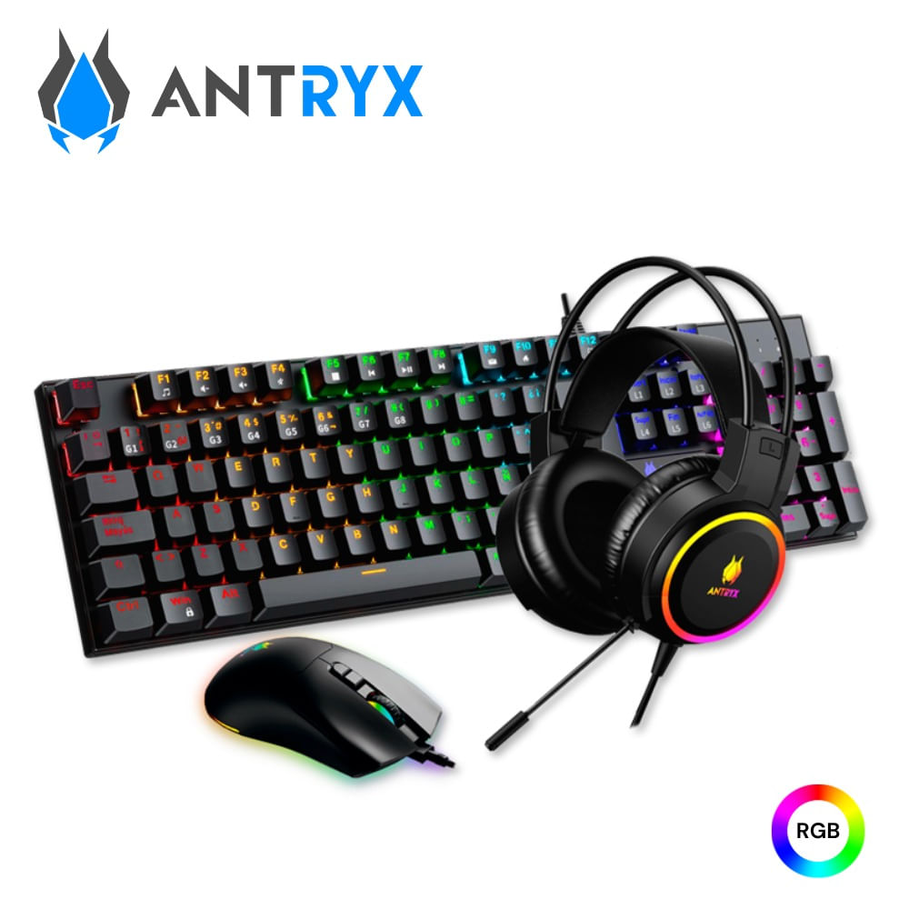 Teclado Mecánico Antryx GC-3100 X3, Mouse y Auriculares Gaming RGB, Color Negro