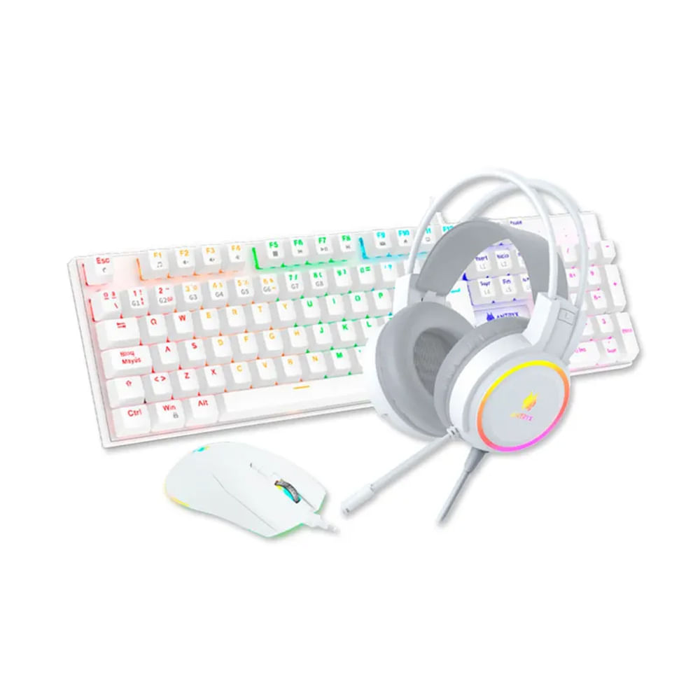 Teclado mecánico RGB Antryx GC-3100 + Mouse y Auriculares Gaming Blanca, Conexión X3