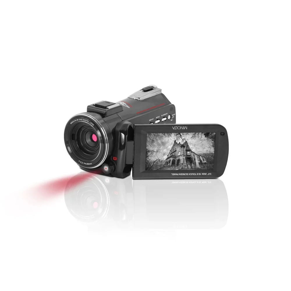 Cámara de video Minolta MN4K40NV 4K con visión nocturna IR, grabación UHD y diseño compacto.