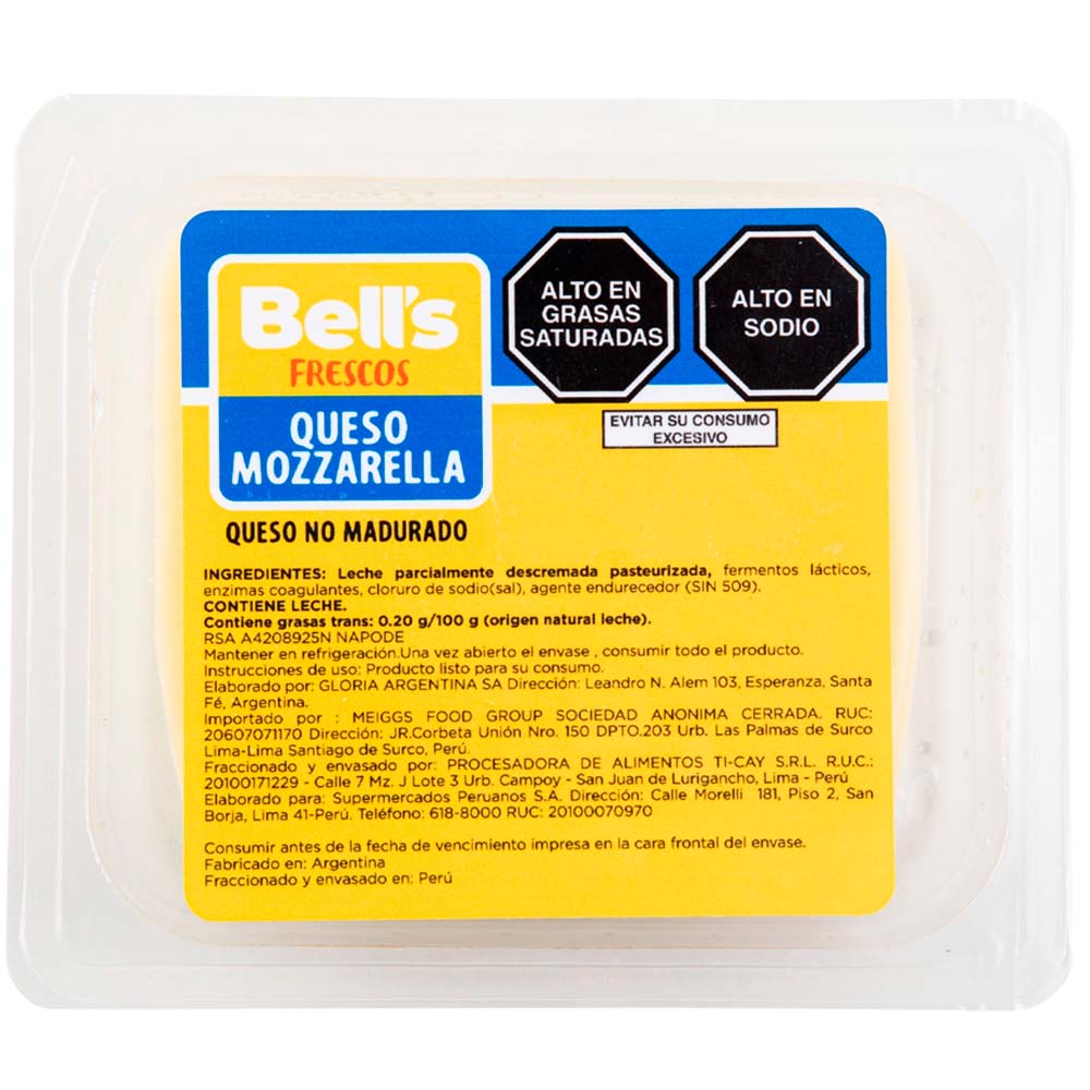 Queso Mozzarella en Tajadas BELL'S Paquete 250g