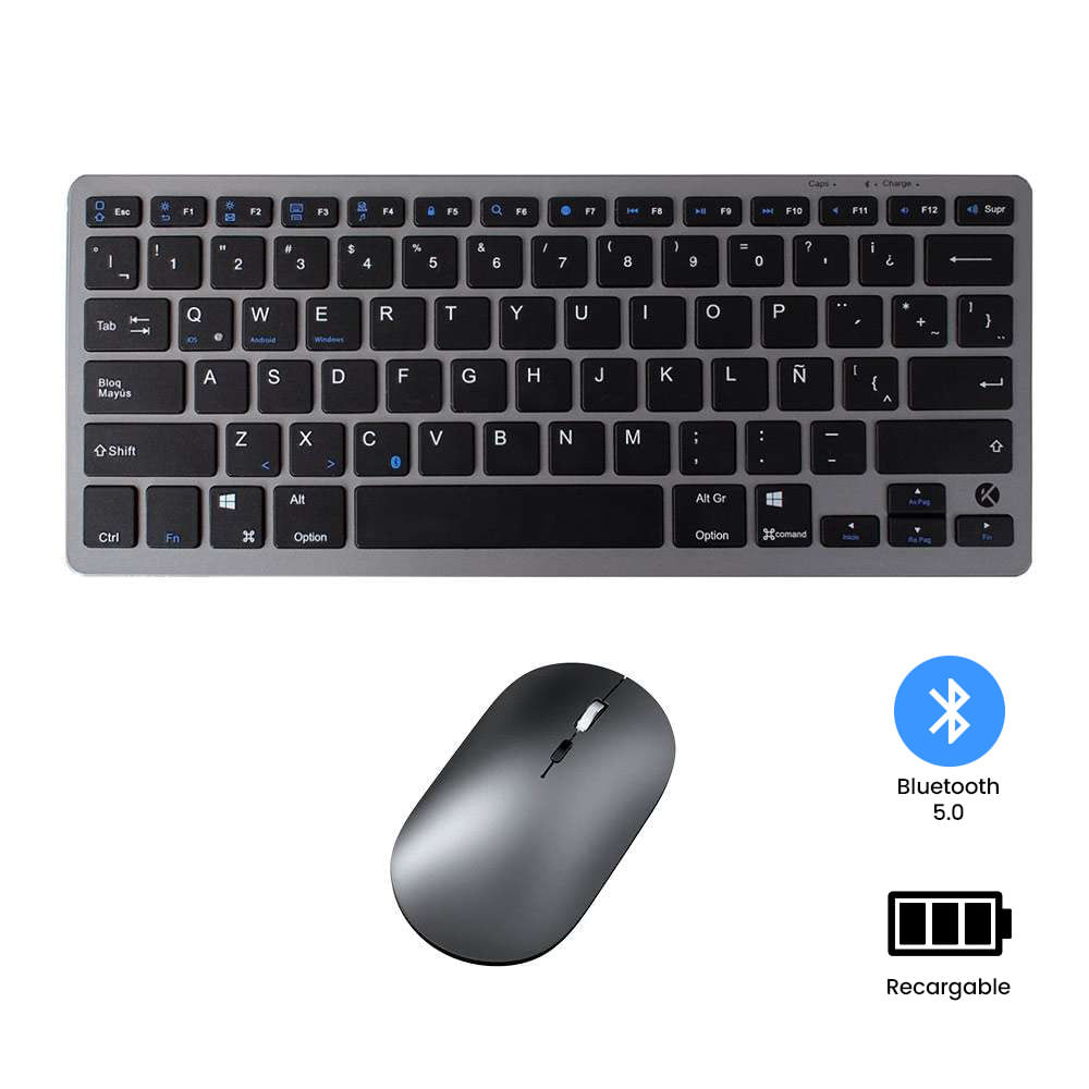 Mini Teclado y Mouse Inalámbrico Bluetooth Recargable – Negro con gris