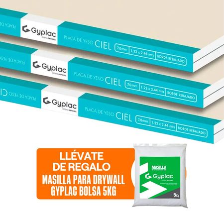 COMBO Gyplac: 6 Planchas de Drywall ST CIEL 7mm 1.22x2.44m + Masilla para drywall Bolsa 5kg