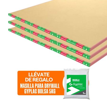 COMBO Gyplac: 6 Planchas de Drywall RF 12.7mm 1.22 x 2.44 metros + Masilla para drywall Bolsa 5kg