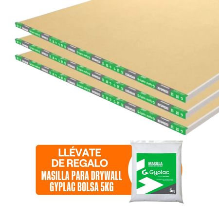 COMBO Gyplac: 6 Planchas de Drywall Standard 3/8” (9.5 mm) 1.22m x 2.44m + Masilla para drywall Bolsa 5kg
