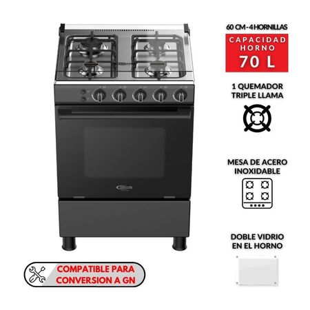 Cocina de Pie a Gas Klimatic Lindau 4 Hornillas Acero Negro 60cm con Horno 70L